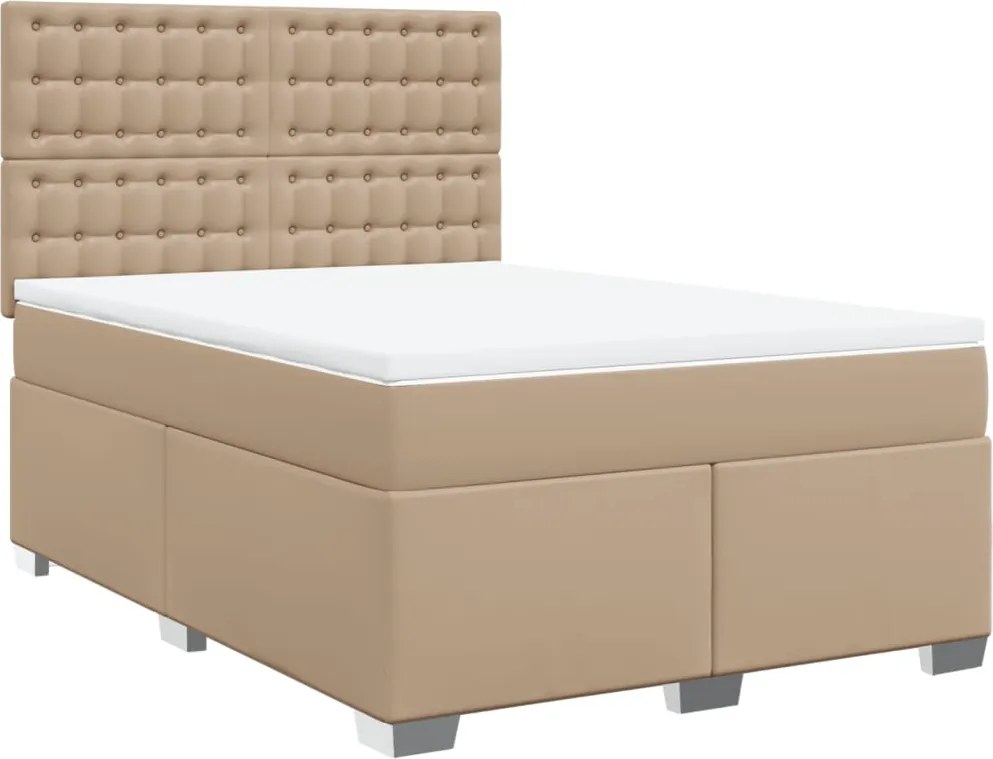 vidaXL Pat box spring cu saltea, cappuccino, 140x190cm piele ecologică