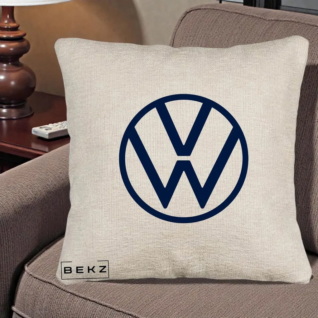 Perna Personalizata cu emblema Volkswagen, 40x40 cm, Bej Canapea, Husa Detasabila, Perna Inclusa, BEKZ®