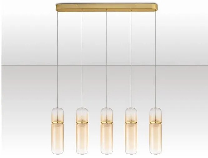 Lustra moderna cu 5 pendule LED, Metal, Auriu, Sticla, Amber, Norma
