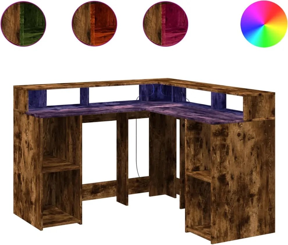 vidaXL Birou cu lumini LED stejar fumuriu 130x130x91 cm lemn prelucrat