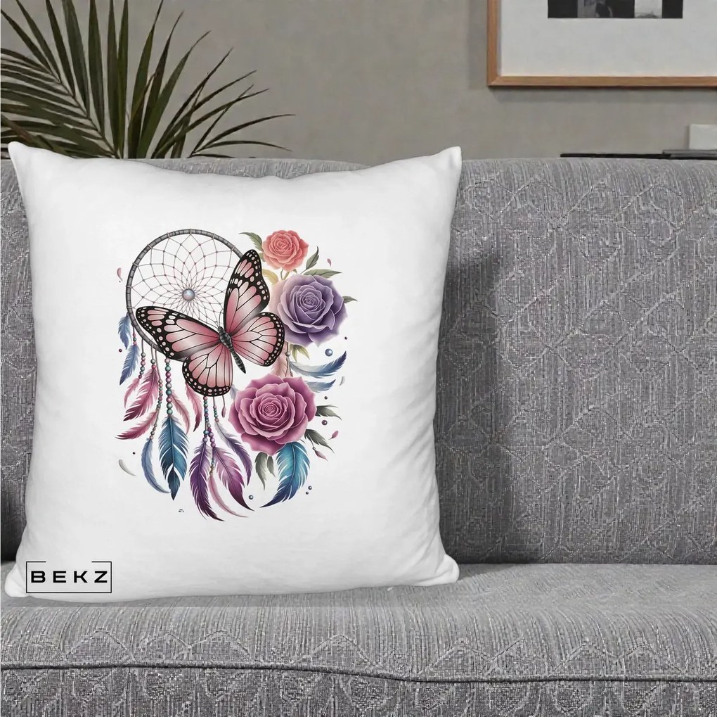 Perna Personalizata Prinzator de Vise cu Fluture si Trandafiri, 40x40 cm, Alb Pufos, Husa Detasabila, Perna Inclusa, BEKZ®