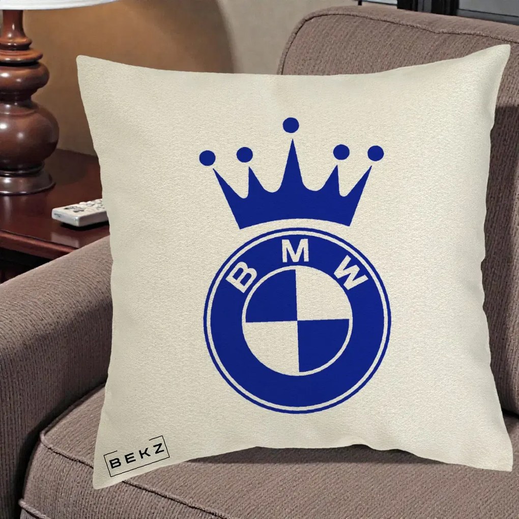 Perna Personalizata cu emblema BMW si Coroana, 40x40 cm, Ecru, Husa Detasabila, Perna Inclusa, BEKZ®