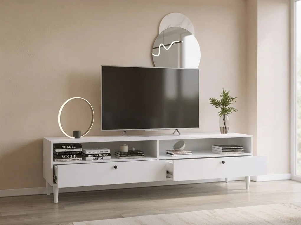 Dulap TV cu raft si dulapuri DULLUM 200x58cm, alb