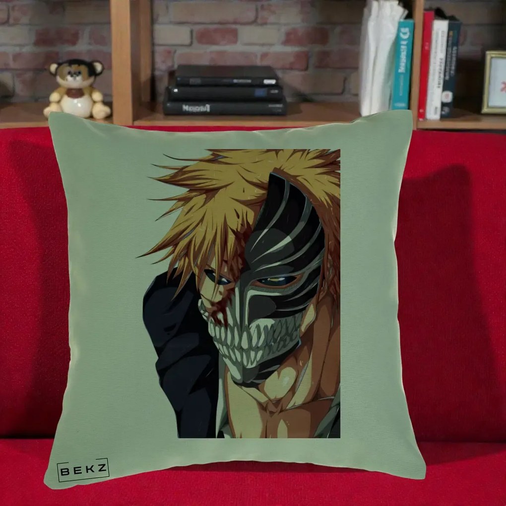 Perna Personalizata Bleach Ichigo Masca Hollow, 40x40 cm, Verde, Husa Detasabila, Perna Inclusa, BEKZ®
