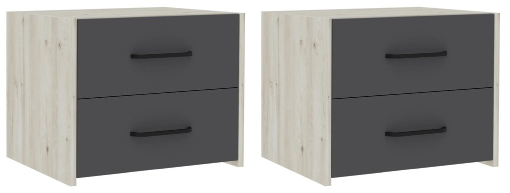 Set 2 Noptiere Malmo, 2 Sertare, Stejar Alb/Antracit, 50 x 40 x 40 cm