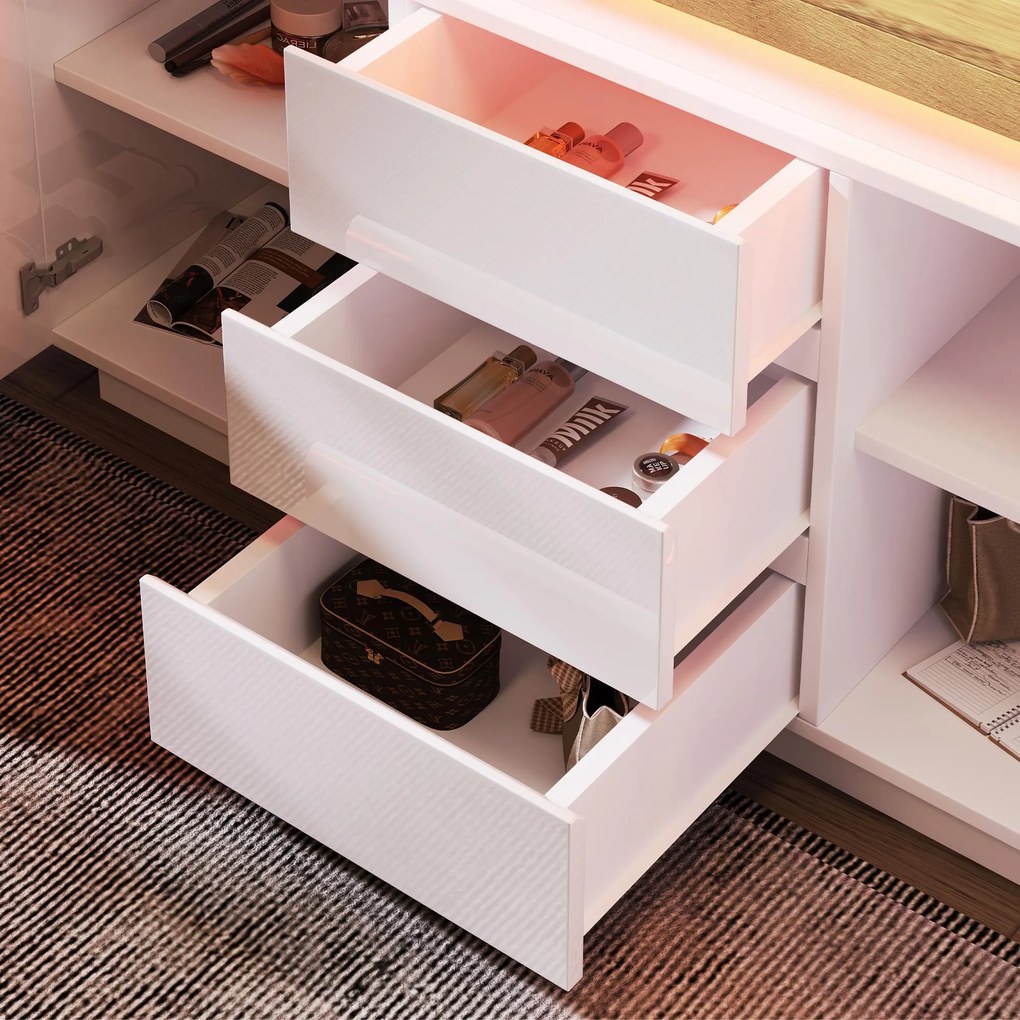 Comodă sideboard cu 2 uși și 3 sertare, iluminare LED, 140x39x81 cm, Alb