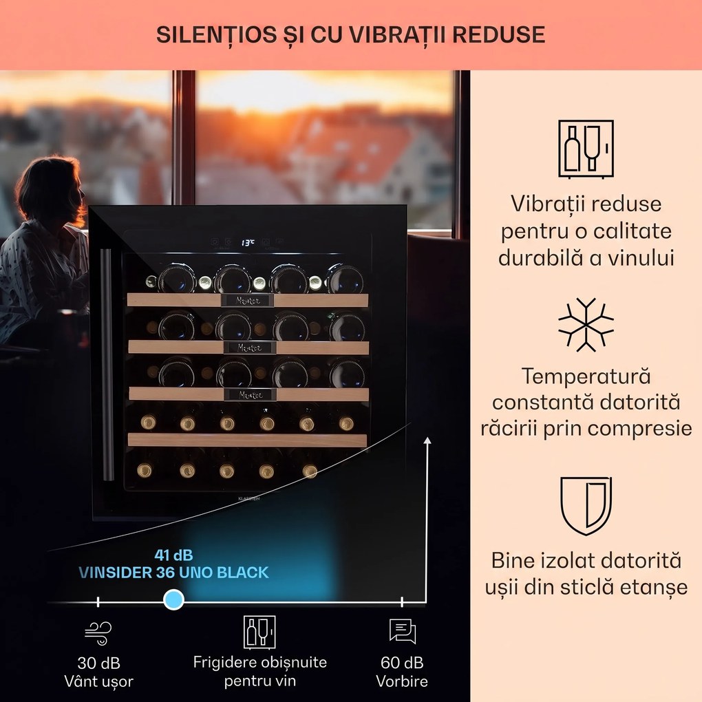 Klarstein Vinsider 36 Built-In Uno, frigider pentru vin încorporat, 36 sticle, 92 litri, oțel inoxidabil