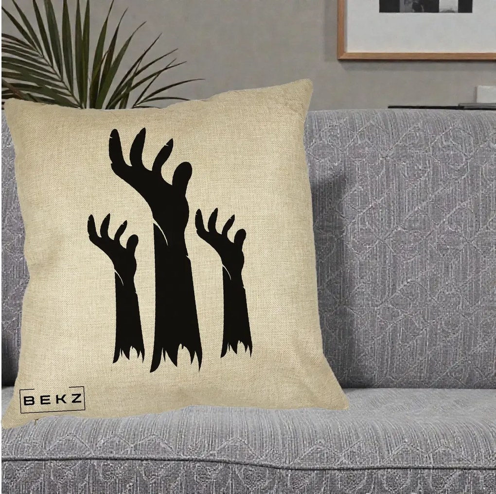 Perna Decorativa Halloween Maini Zombie Alb-Negru, 40x40 cm, Crem, Husa Detasabila, Perna Inclusa, BEKZ®