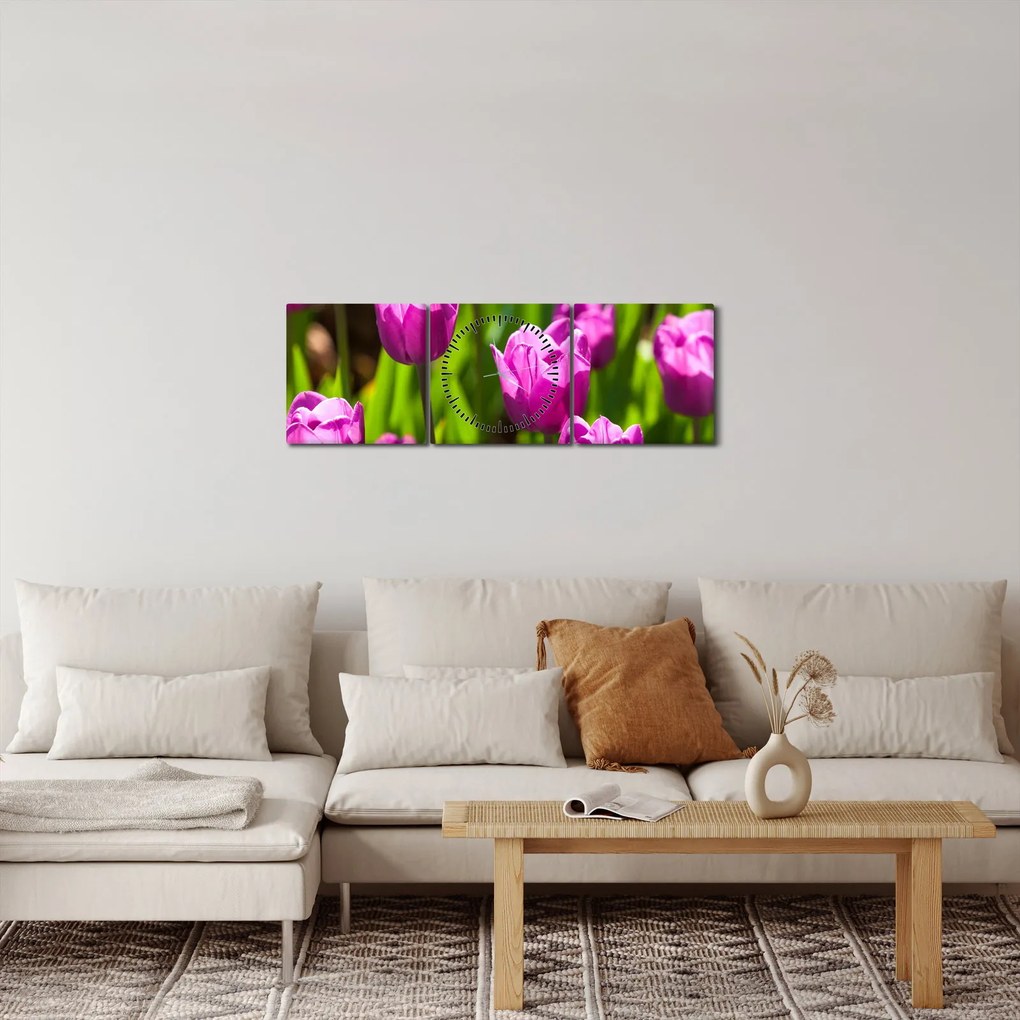 Tablou cu lale pe luncă (cu ceas) (90x30 cm)