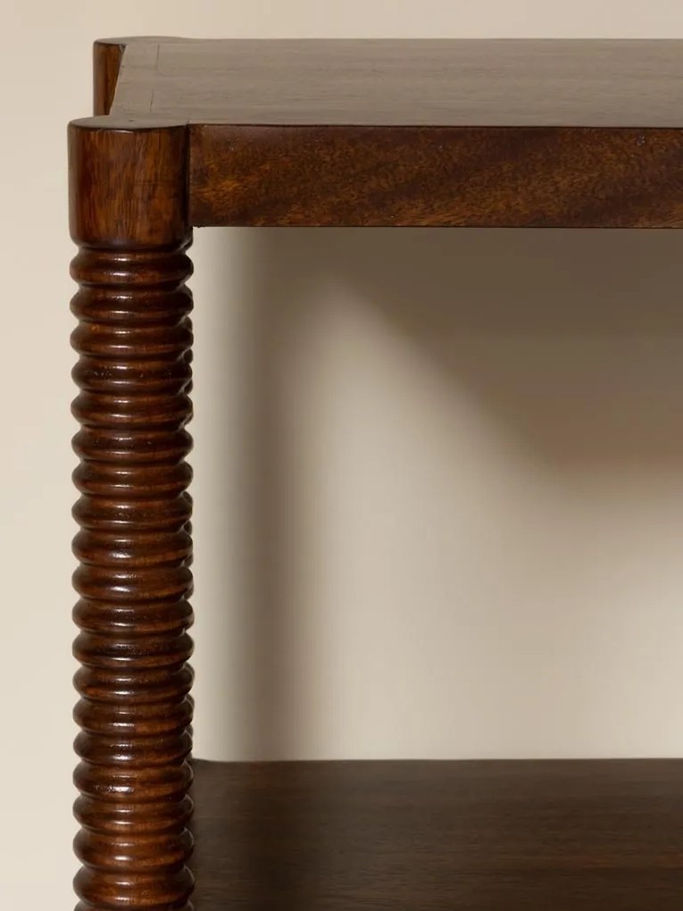 Etajeră din lemn de mango, cu 4 rafturi și picioare sculptate în spirală, maro antichizat, finisaj lucios 140×40×89, „Kenoa"
