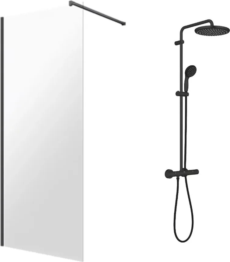 Pachet paravan dus Walk-In Omnires Marina negru 90x200 cm si coloana de dus Grohe Vitalio Start negru