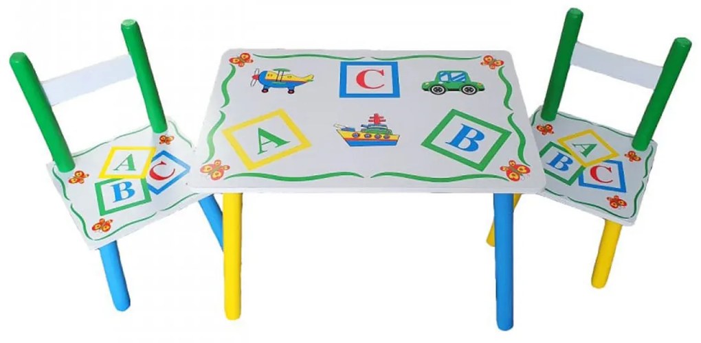 Masuta copii din MDF cu doua scaune Novokids™ My first table, dimensiuni 59X39X40, suprafata lucioasa, cu litere, Alb cu Verde