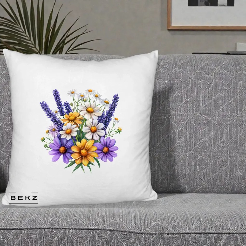 Perna Decorativa Lavanda Musetel si Flori Mov, 40x40 cm, Alb Pufos, Husa Detasabila, Perna Inclusa, BEKZ®