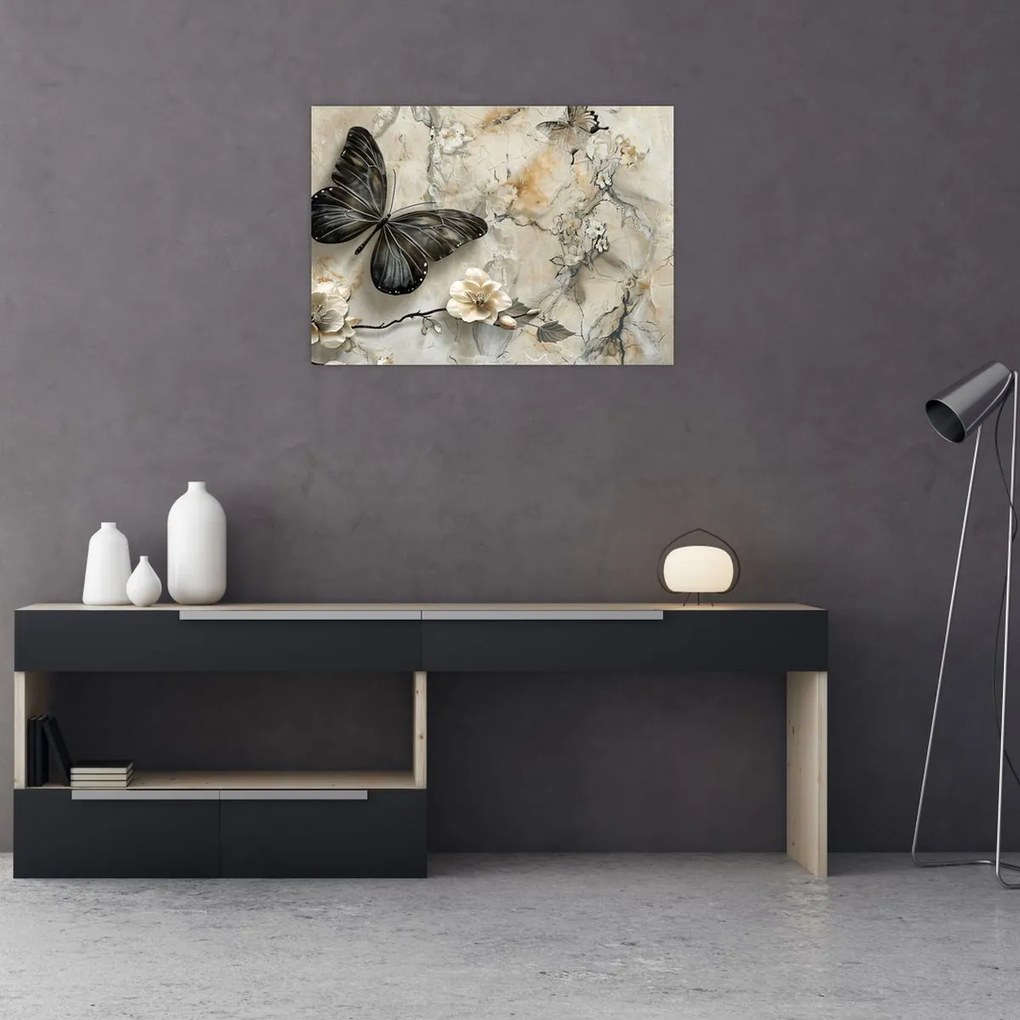 Tablou pe sticlă - Marmură de fundal cu fluturi (70x50 cm)
