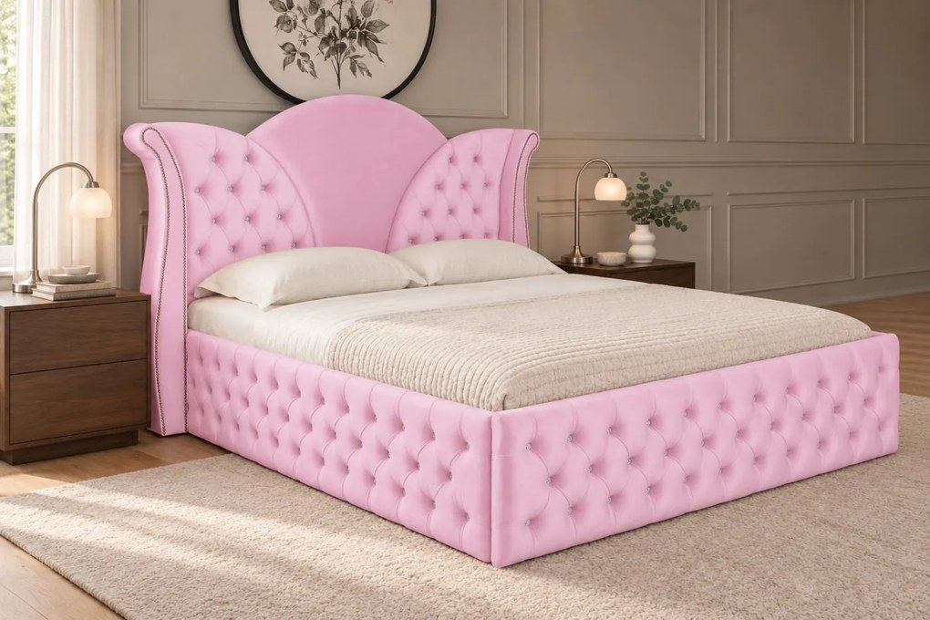 Pat tapițat Chesterfield din catifea Velora Deluxe 160×200 cm, roz, cu ladă de depozitare
