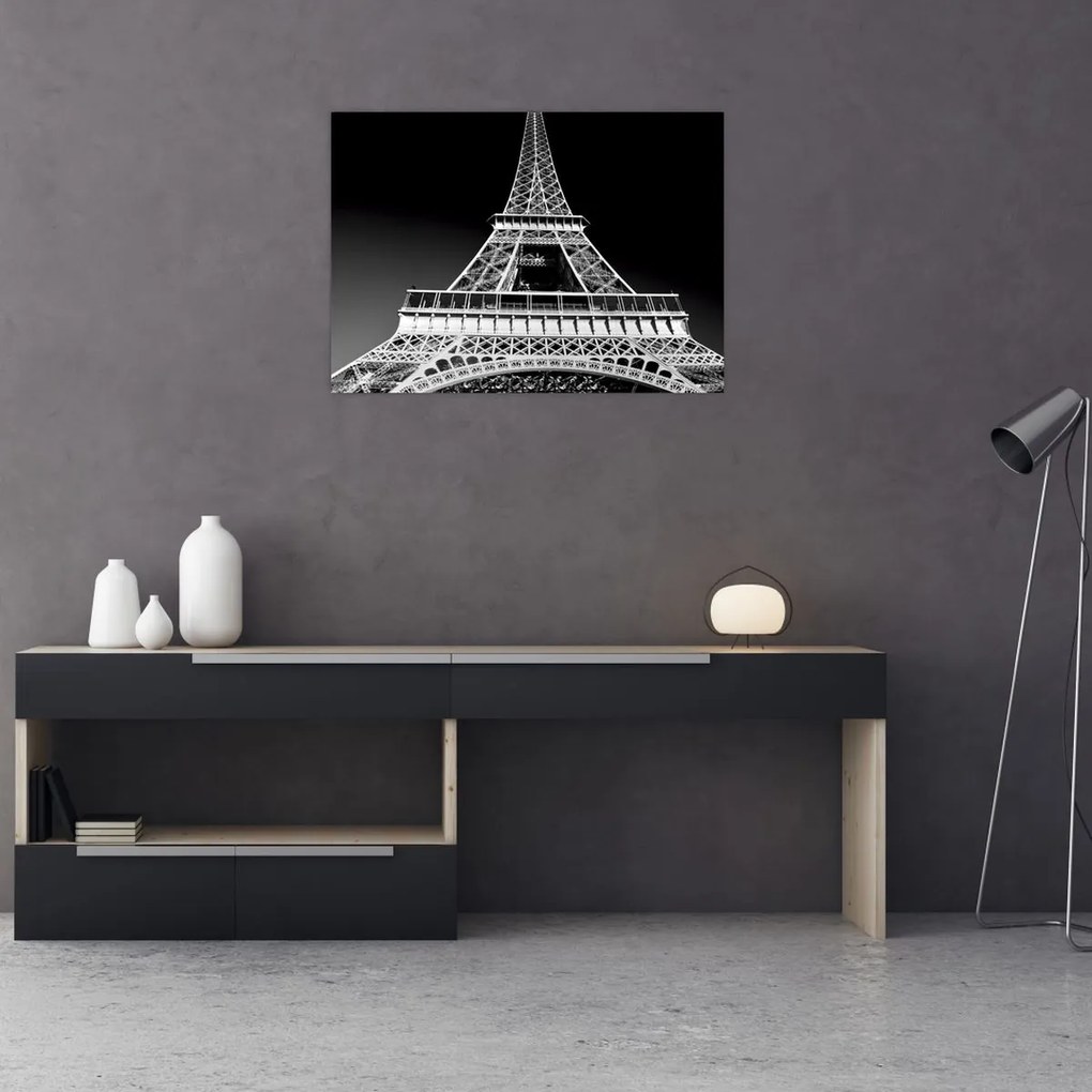 Tablou pe sticlă - Turnul Eiffel, alb-negru (70x50 cm)