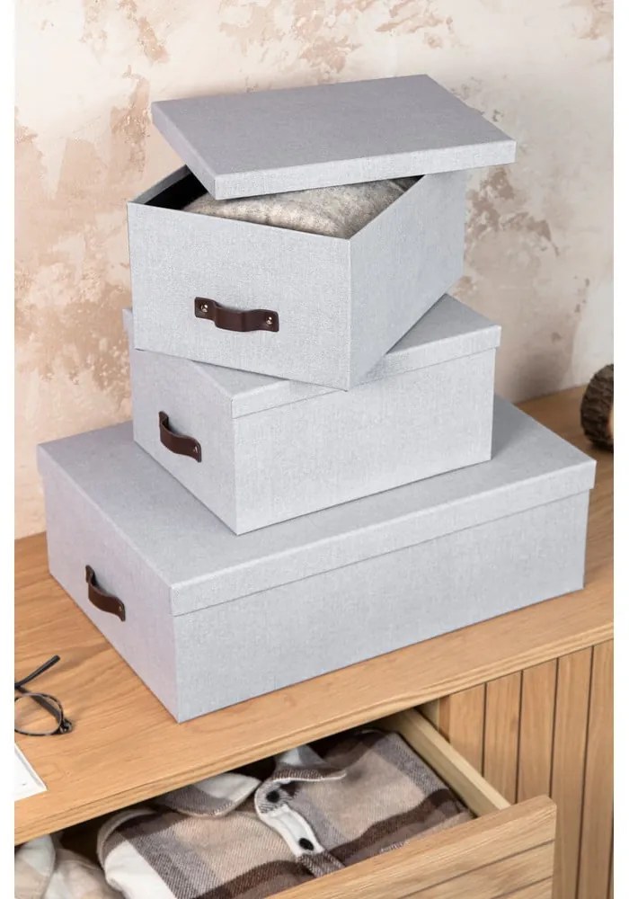 Cutii de depozitare gri-deschis 3 buc. din carton cu capac 31x47x15 cm Inge – Bigso Box of Sweden