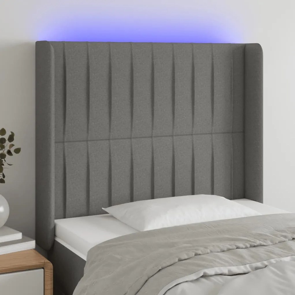 vidaXL Tăblie de pat cu LED, gri închis, 103x16x118/128 cm, textil