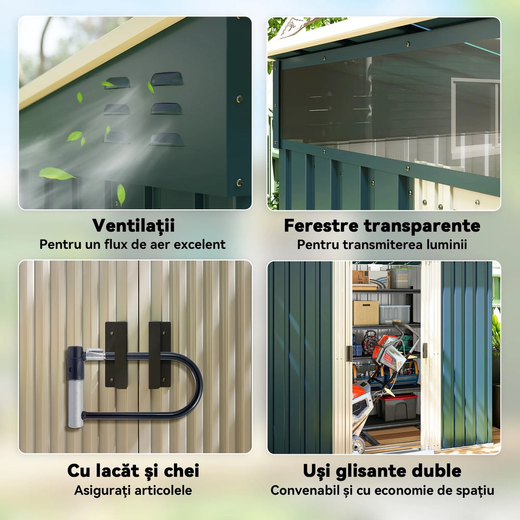 Outsunny Căsuță de Grădină pentru Unelte cu Bază, Ferestre, Încuietoare și Ușă Culisantă, 195x122x181,5/160 cm, Verde | Aosom Romania