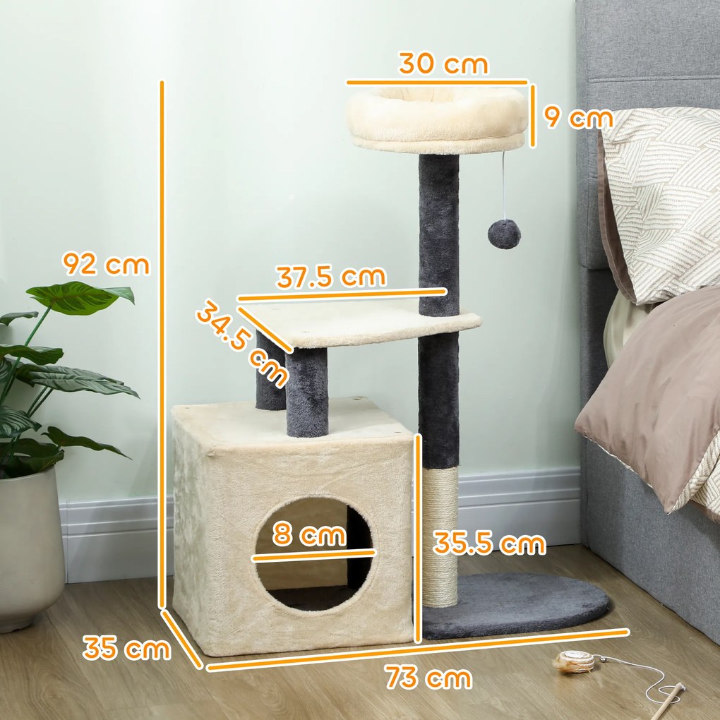 PawHut Arbore zgârietor pentru pisici, înalt de 92 cm, cu căsuță, culcuș, stâlpi din sisal și bila, crem alb | Aosom Romania
