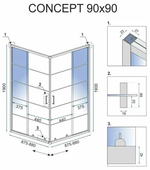 Cabina de dus patrata Rea Concept cu usi glisante 90x90 negru mat