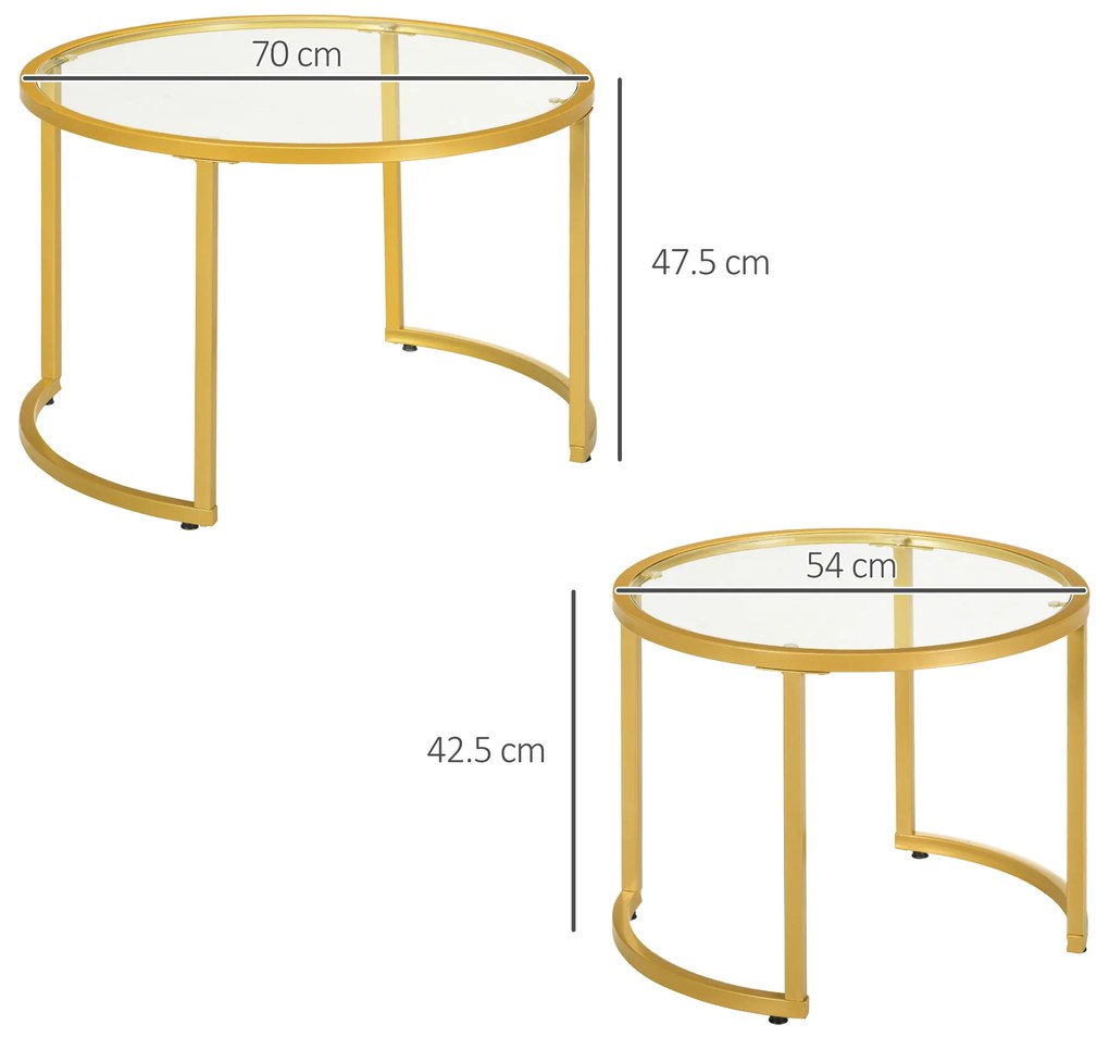 HOMCOM Set de 2 mese de cafea nesting rotunde blat sticlă securizată și picior din oțel carbon aur | Aosom Romania