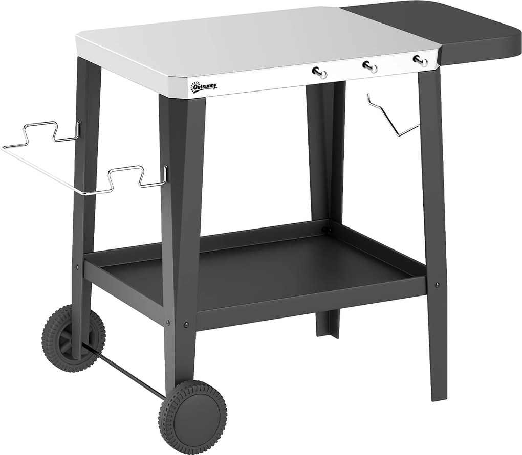 Outsunny Cărucior de bucătărie cu roți cărucior de servire cu cârlige, suport pentru role de hârtie și prosoape, oțel inoxidabil, 115 x 67,5 x 80,5 cm Negru | Aosom Romania