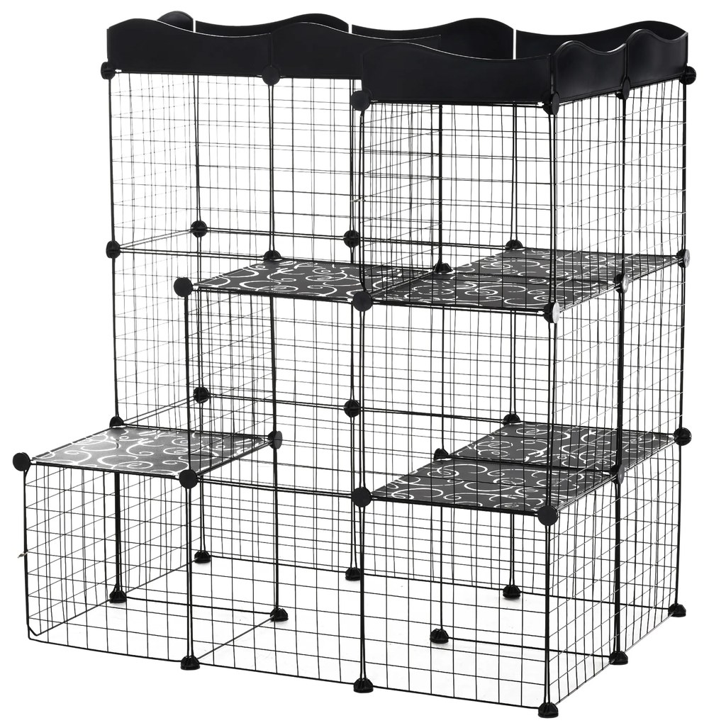 PawHut Țarc Modular pentru Animale de Talie Mică, cu Panouri și Accesorii, 105x70x116 cm, Negru | Aosom Romania