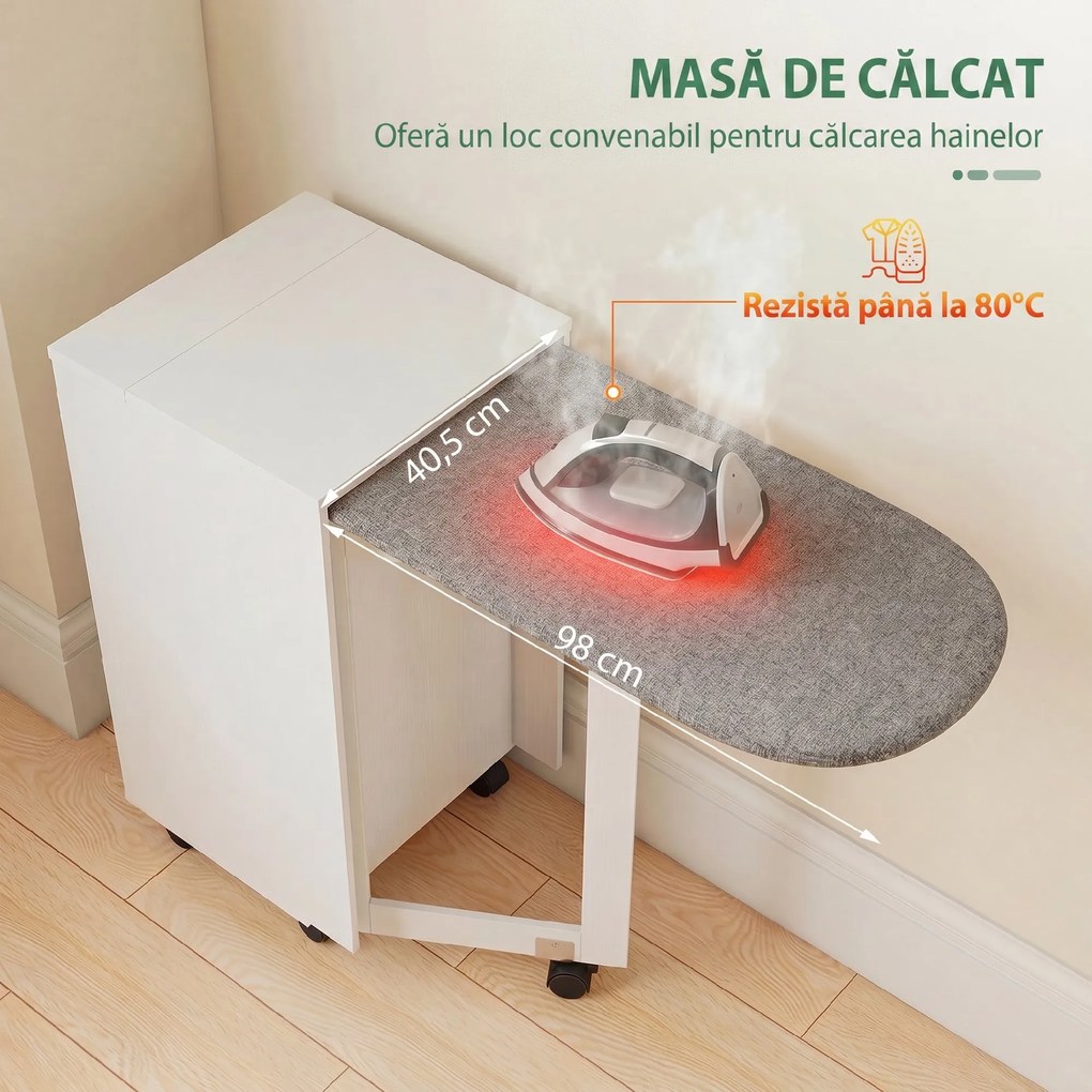 HOMCOM Mobilier pentru Masa de Călcat Pliabil cu Roți, Raft Reglabil și Închidere Soft Close, din Lemn și Material Textil, 128x43x83 cm, Alb | Aosom Romania
