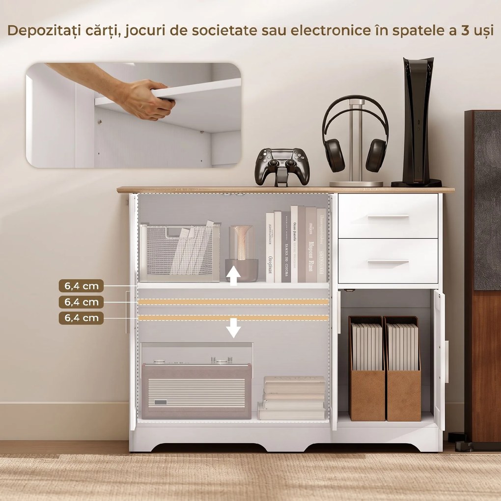 HOMCOM Comodă Modernă din Lemn cu 2 Sertare și 2 Dulapuri, 100x40x78 cm, Alb și Culoare Lemn | Aosom Romania