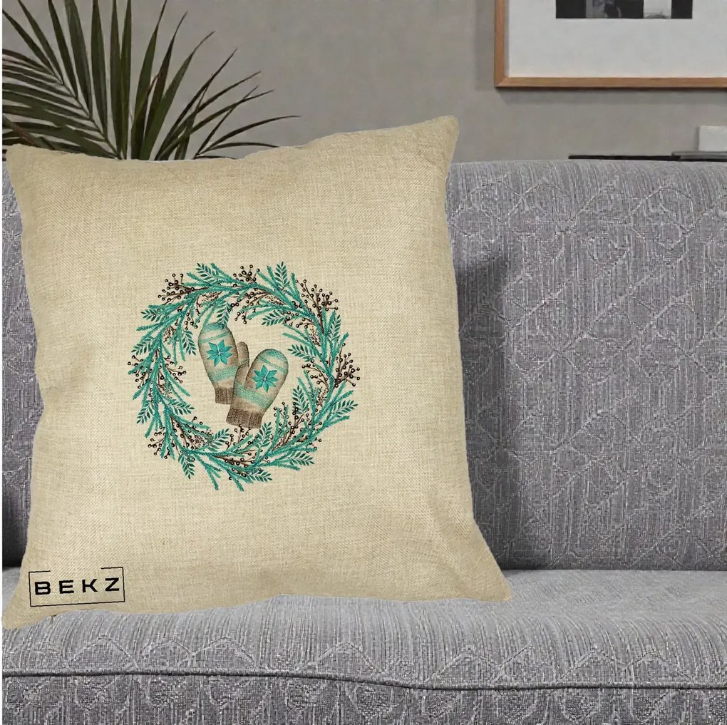 Perna Decorativa Coroana Turcoaz cu Manusi, 40x40 cm, Crem, Husa Detasabila, Perna Inclusa, BEKZ®