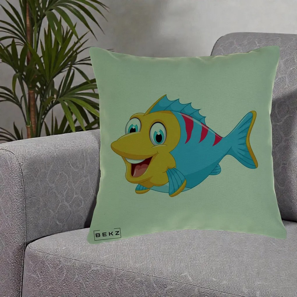 Perna Decorativa Peste Vesel Cartoon, 40x40 cm, Verde, Husa Detasabila, Perna Inclusa, BEKZ®