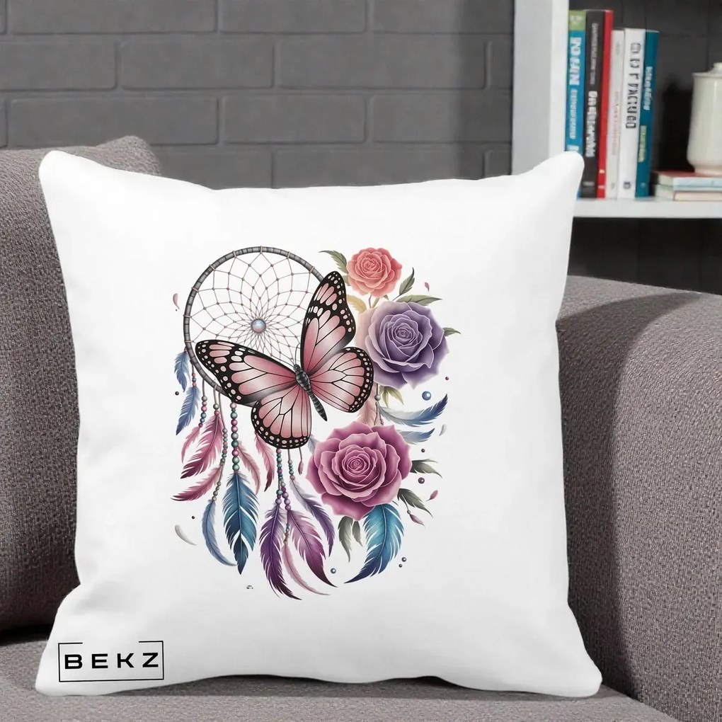 Perna Personalizata Prinzator de Vise cu Fluture si Trandafiri, 40x40 cm, Alba Mata, Husa Detasabila, Perna Inclusa, BEKZ®