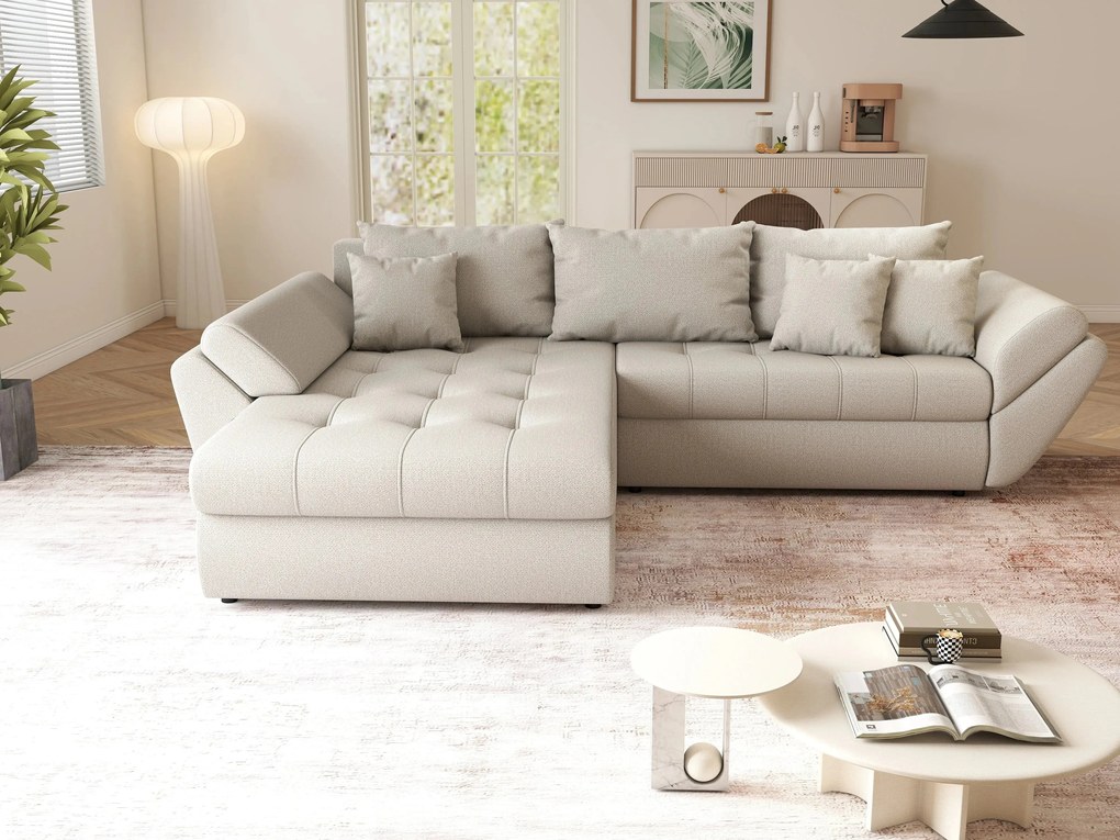 Colțar extensibil dumonde cu ladă de depozitare si sezut confortabil din spuma high-density, Loana Enjoy Bej 270x185 cm