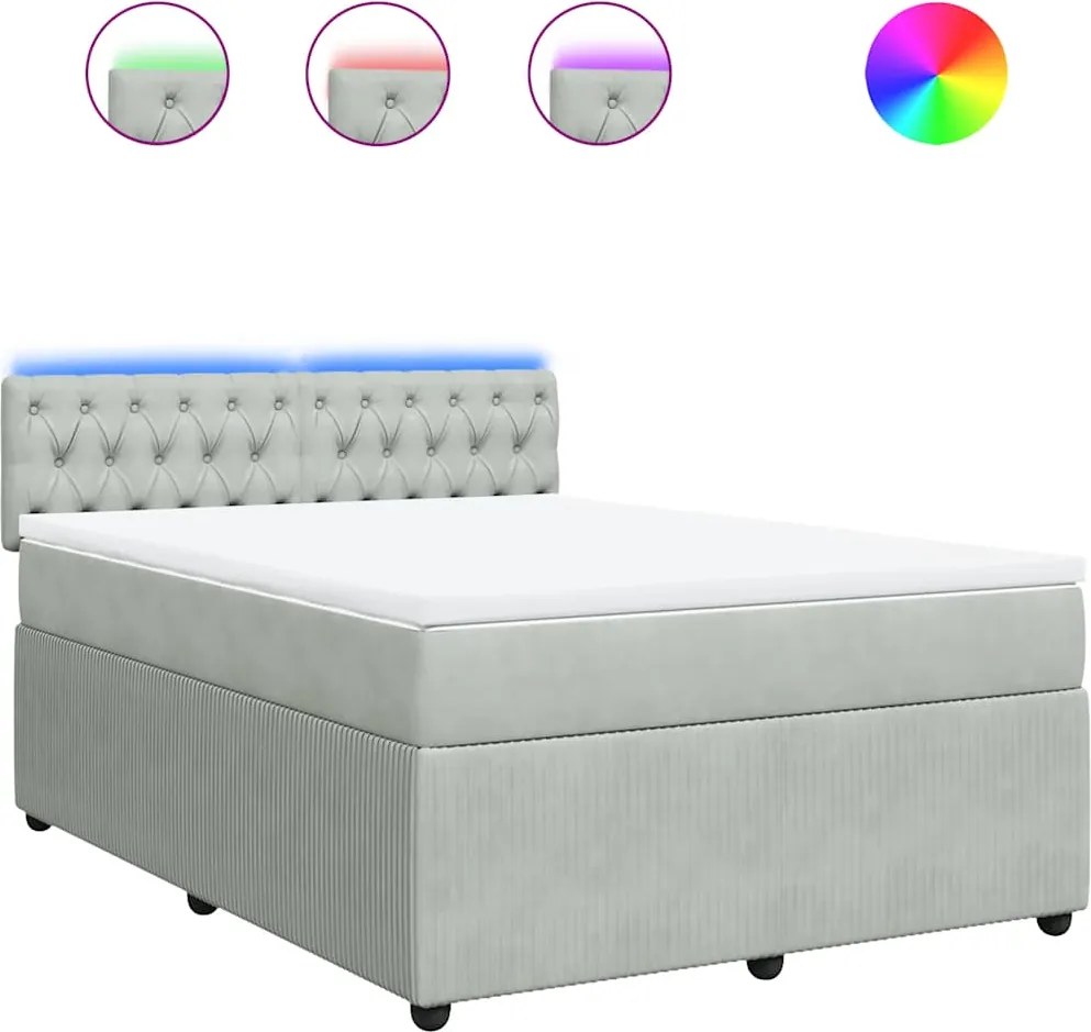 vidaXL Pat box spring cu saltea, gri deschis, 160x200 cm, catifea
