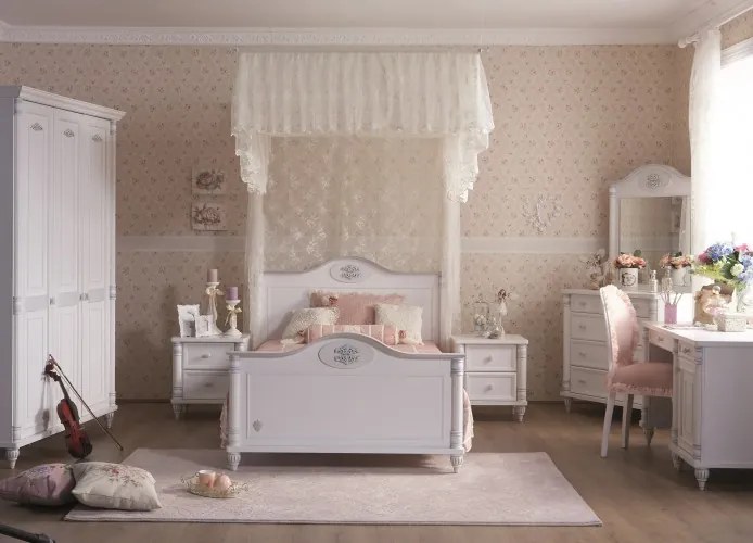 Set Mobila dormitor din pal, pentru copii si tineret, 7 piese, Romantic Alb, 200 x 120 cm