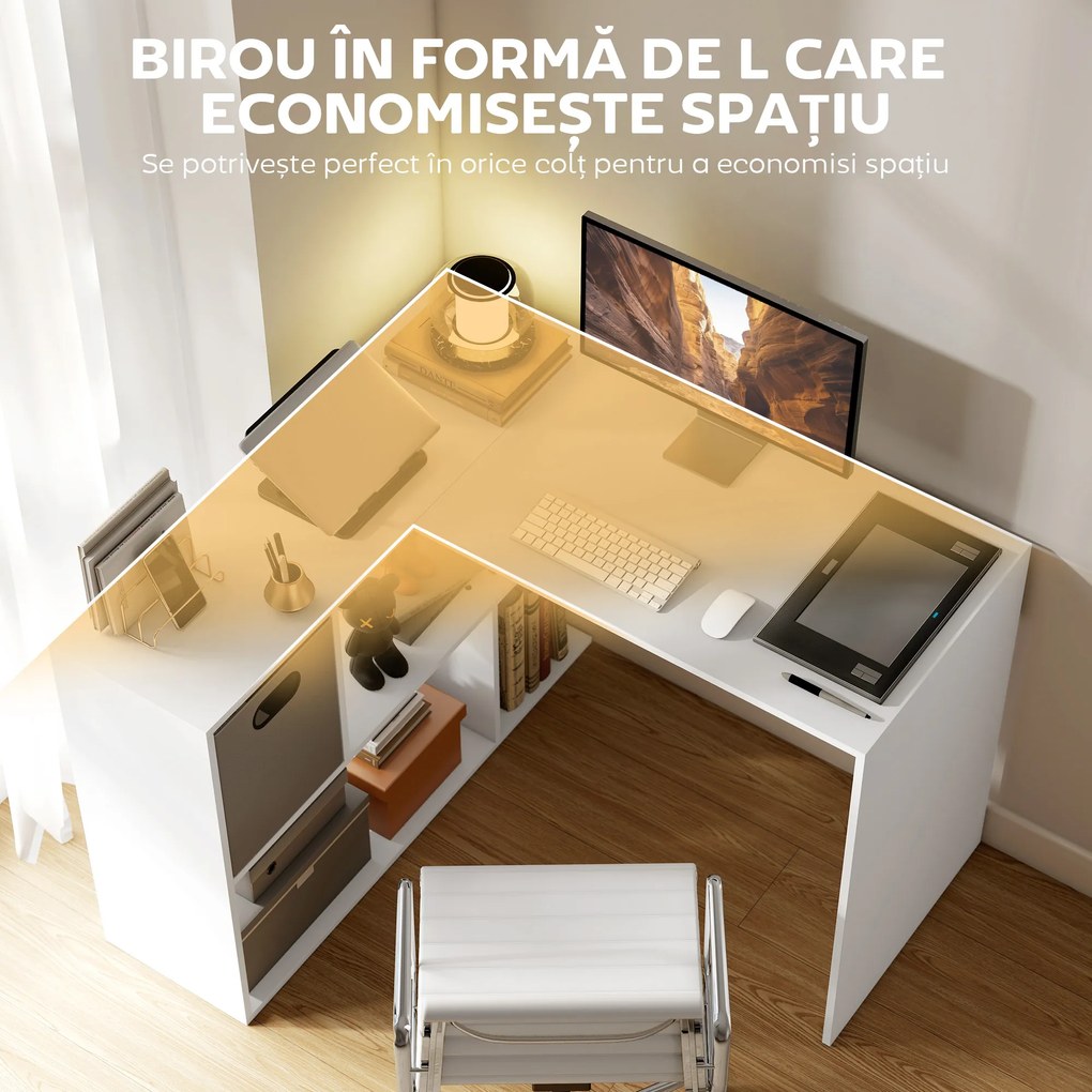 HOMCOM Birou Colțar pentru Computer, 110x100 cm, Birou în Formă de L cu Raft și Sertar din Material Textil, Masă pentru PC pentru Dormitor, Birou și Studio, Alb | Aosom Romania