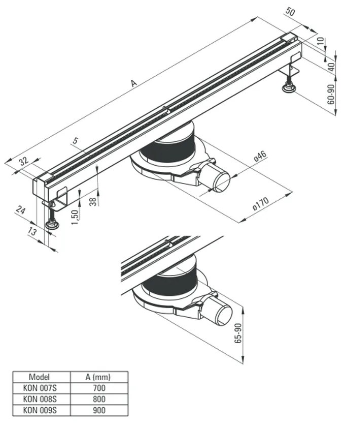 Rigola dus 90 cm cu fanta si sifon inclus Deante 90 cm