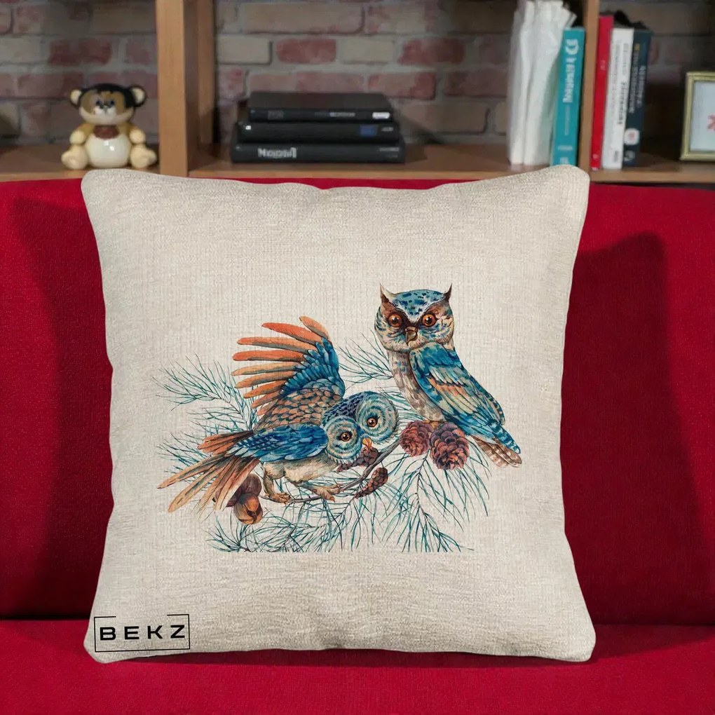 Perna Decorativa Bufnite de Iarna Albastre, 40x40 cm, Bej Canapea, Husa Detasabila, Perna Inclusa, BEKZ®