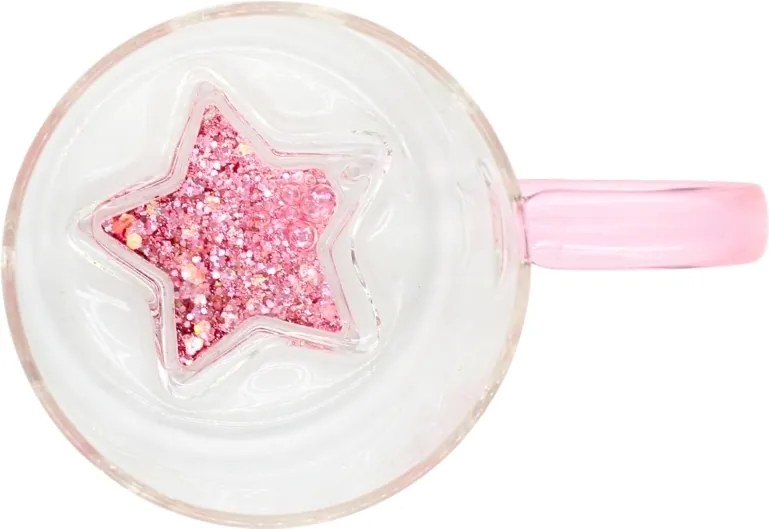 Cană cu model 3D steluță roz, pereți dubli, sticlă borosilicată și inserție de sclipici, 300 ml, Aurora Glow