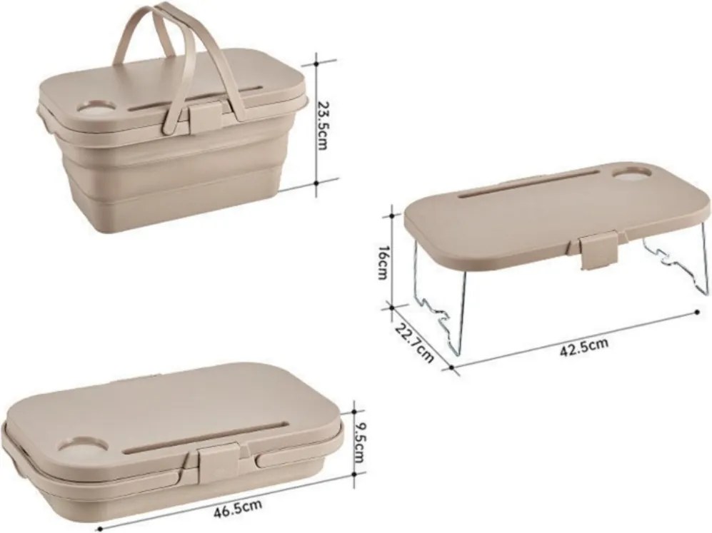 Coș de picnic, pliabil, 3 în 1, bej, masă portabilă, recipient și cutie multifuncțională, 15L, KP03K, eCarla