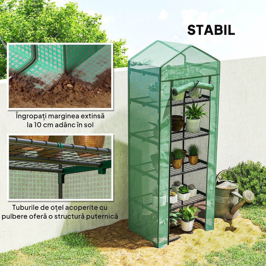 Outsunny Seră de grădină balcon etajere seră 5 niveluri 0,69 x 0,49 x 1,93 m oțel folie rulabilă PE verde | Aosom Romania