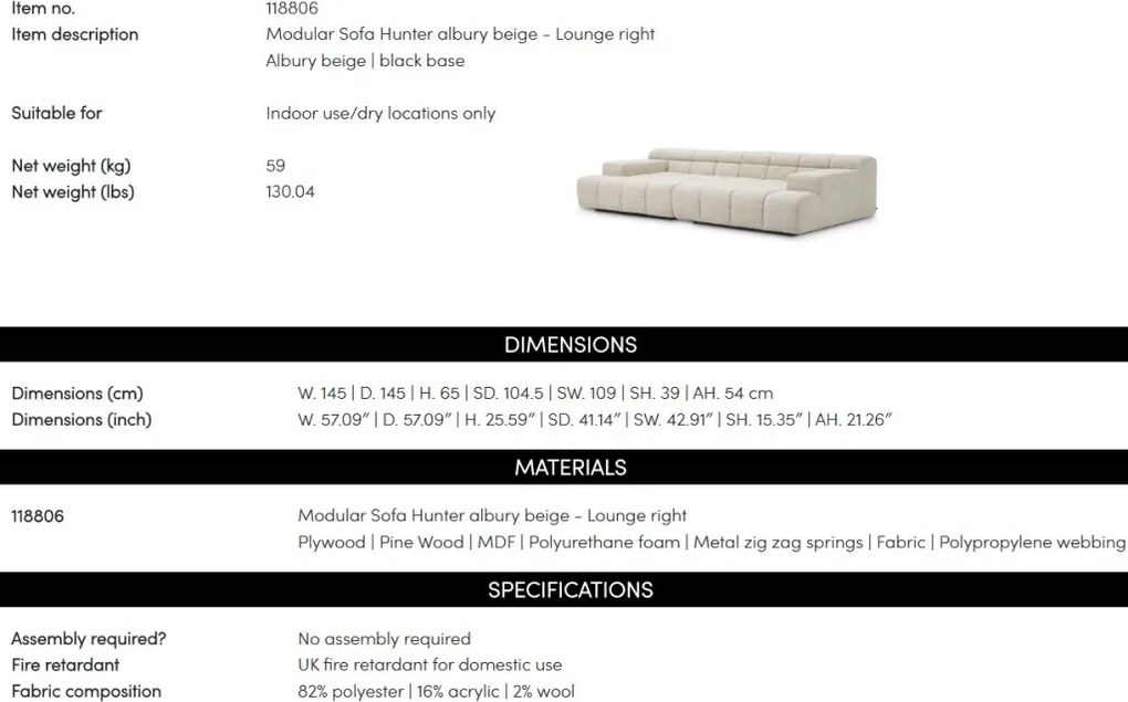 Modul dreapta pentru canapeaua design LUX Hunter