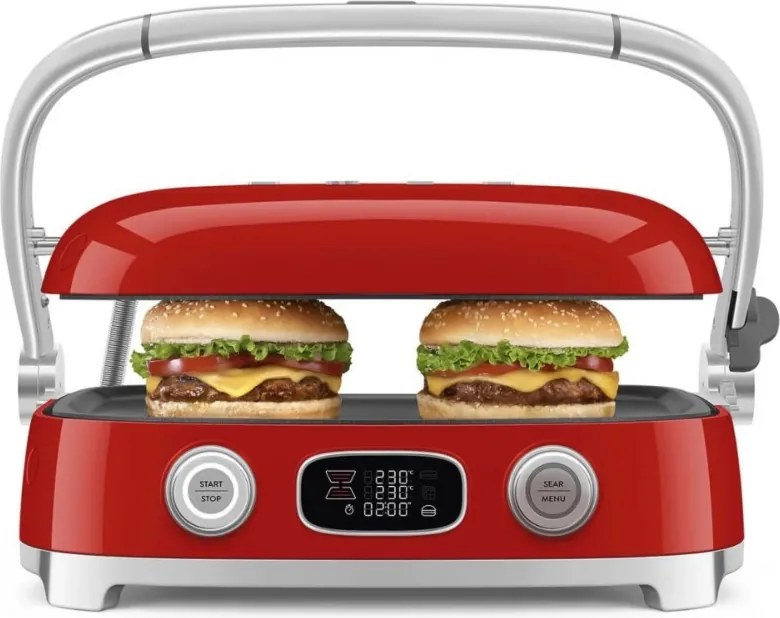 Grătar multifuncțional SMEG 50's Style MGF01RDEU, 2100 W, 60-230 °C, 3 programe, acoperire ceramică, tavă de scurgere, semnal sonor, cronometru, roșu