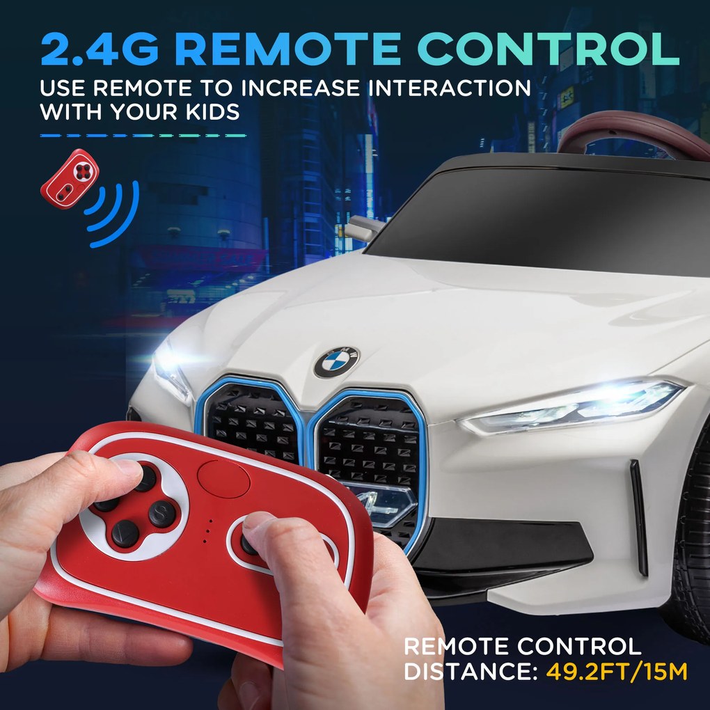 HOMCOM Masinuta Electrica pentru Copii BMW i4 cu Licenta de 12V cu Telecomanda, Baterii Portabile, Muzica, Claxon, pentru 3-6 ani Alb | Aosom Romania