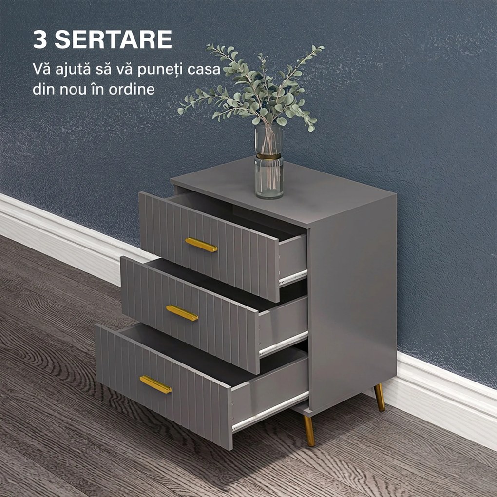 HOMCOM Comodă pentru Dormitor, Dulap Modern cu 3 Sertare, Sertar de Depozitare cu Picioare din Aluminiu, 60x40x71.5 cm, Gri Închis