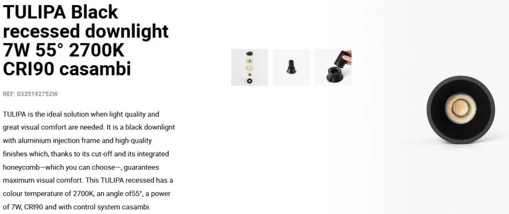 Spot LED incastrabil TULIPA Black recessed downlight 7W 55° 2700K CRI90 casambi