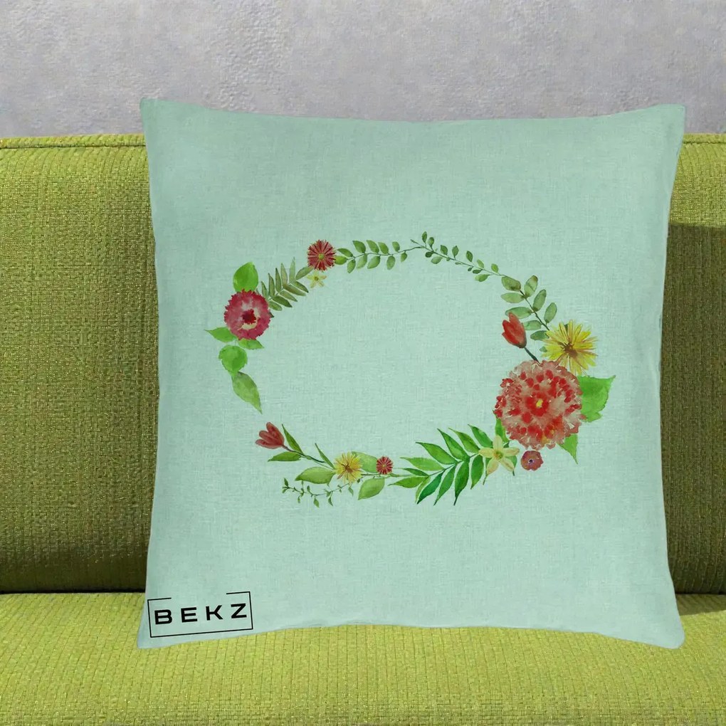 Perna Decorativa Coroana Florala Acuarela, 40x40 cm, Verde Menta, Husa Detasabila, Perna Inclusa, BEKZ®
