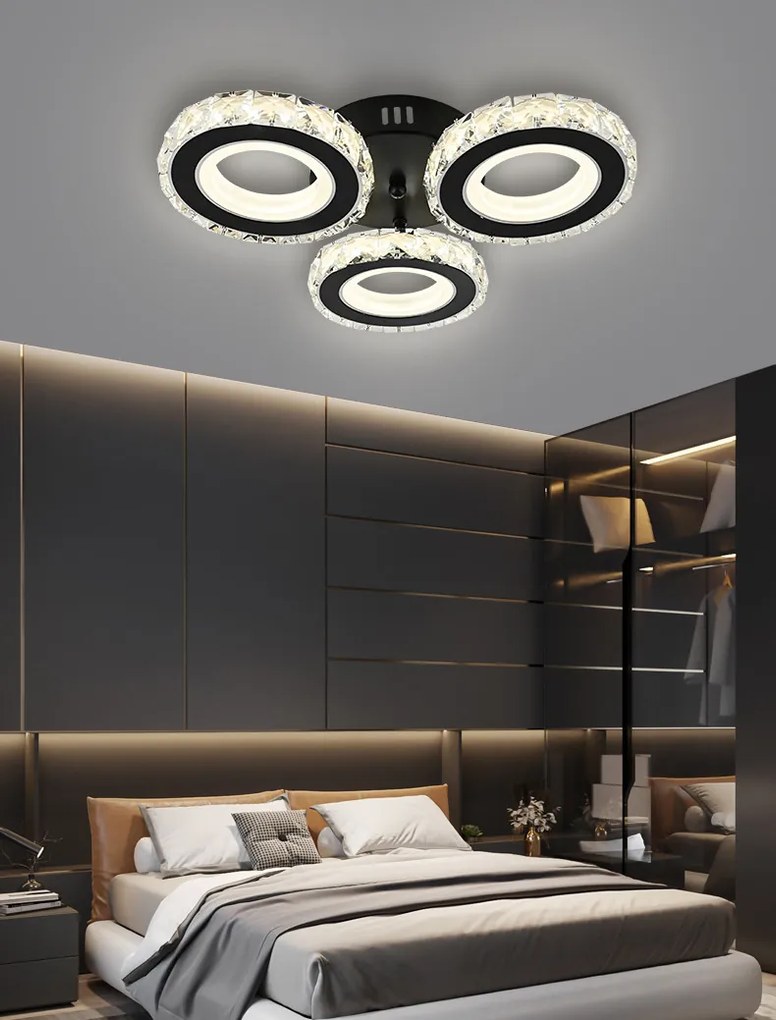 Lustra LED Cu Telecomanda, Elit's Cristal, 3 cercuri, Negru, 72 W