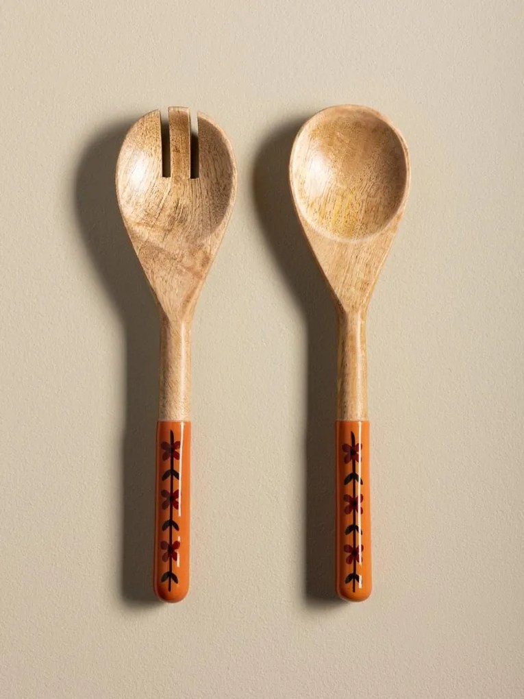 Tacâmuri pentru salată din lemn de mango, set 2 bucăți, cu mâner portocaliu pictat cu flori, 28 x 7 cm, „Hélios”